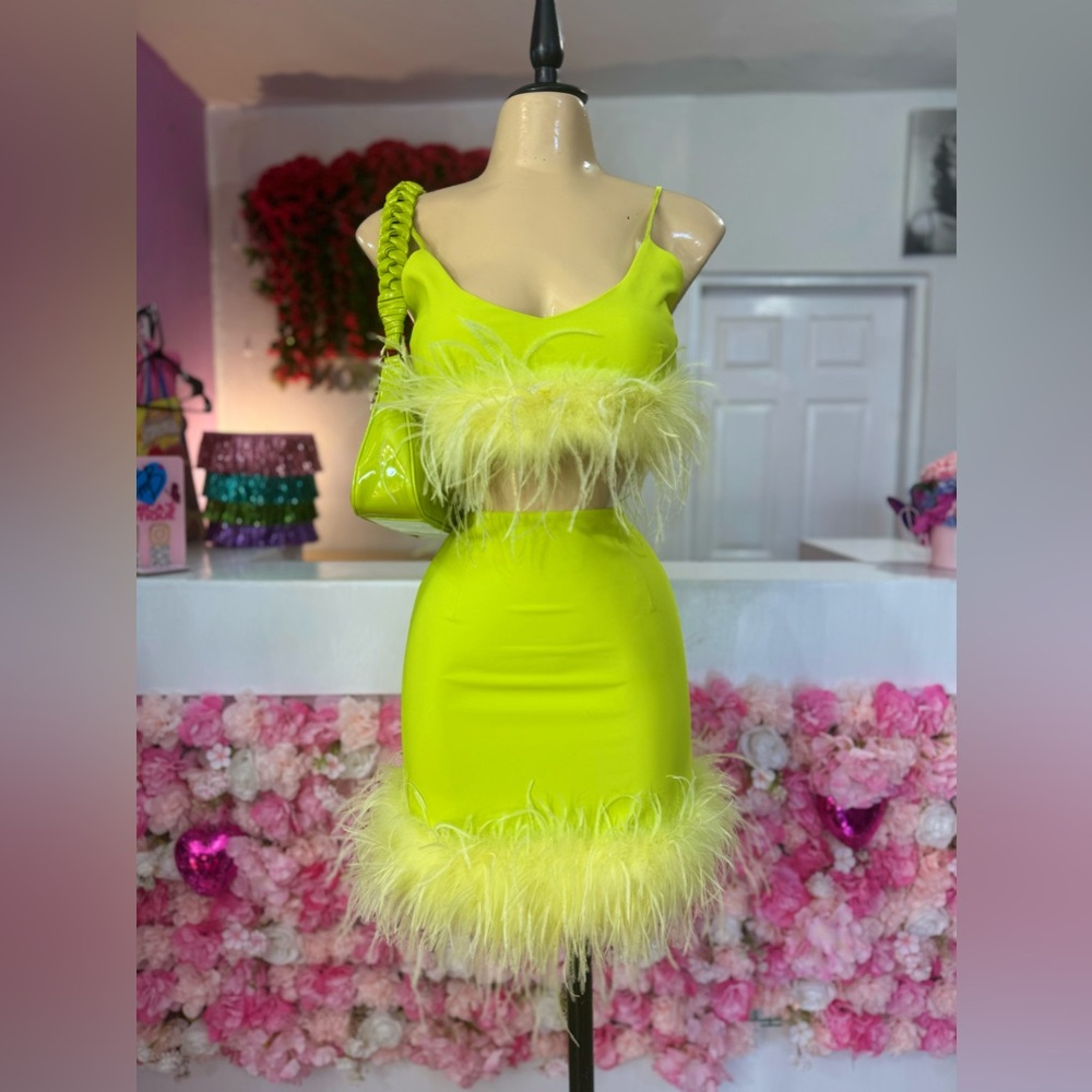 Vibrant Feather Trim Two-Piece Set